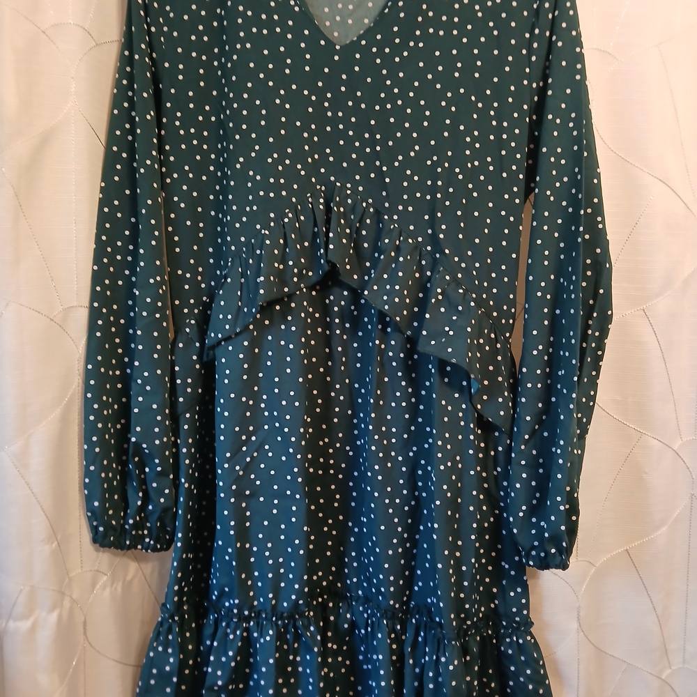 Amazon Teal Long Sleeve Dress with White Dots